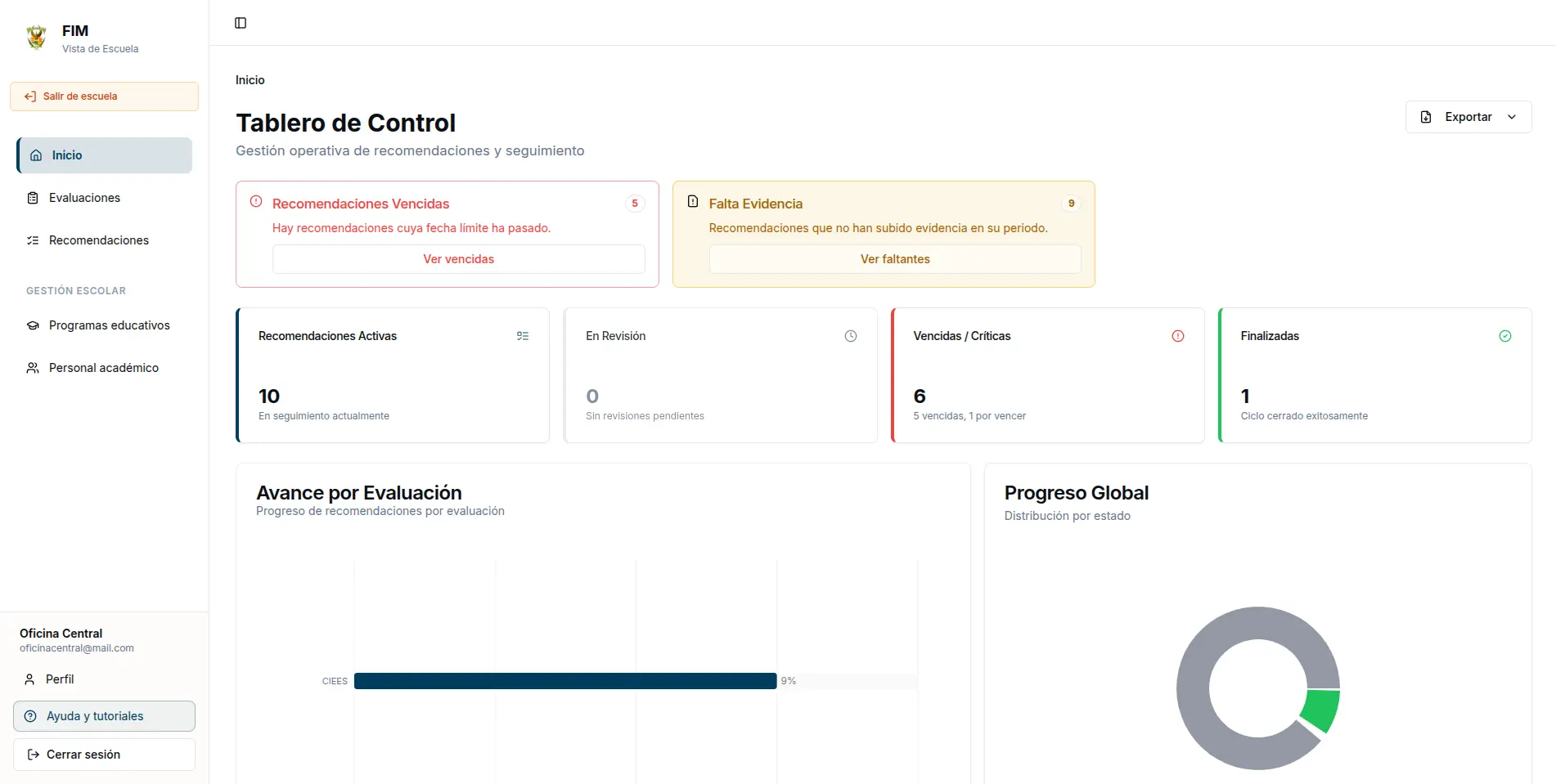 Gestión de evaluaciones application screenshot